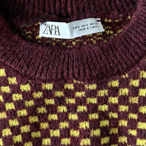 ZARA Checkered Cut-Out Knit Sweater Yellow Brown Size S - Picture 13 of 14